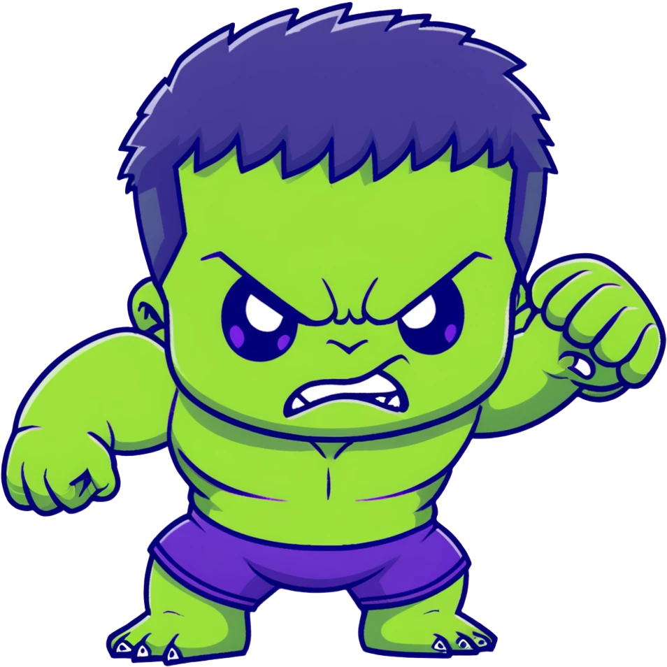 Chibi Hulk, cute small proportions, big head, tiny body, adorable angry expression, green skin, purple shorts emoji