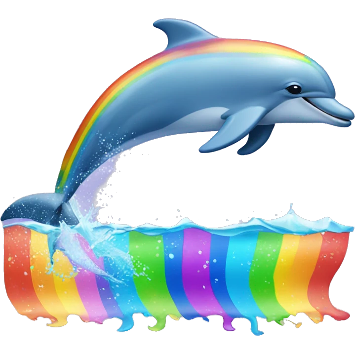 Dolphin jumping over water and behind a rainbow emoji