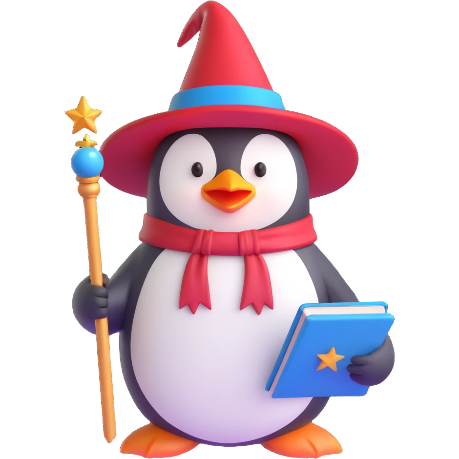 ios 3D style emoji of a penguin wizard with a red hat and wand, holding a magic book emoji