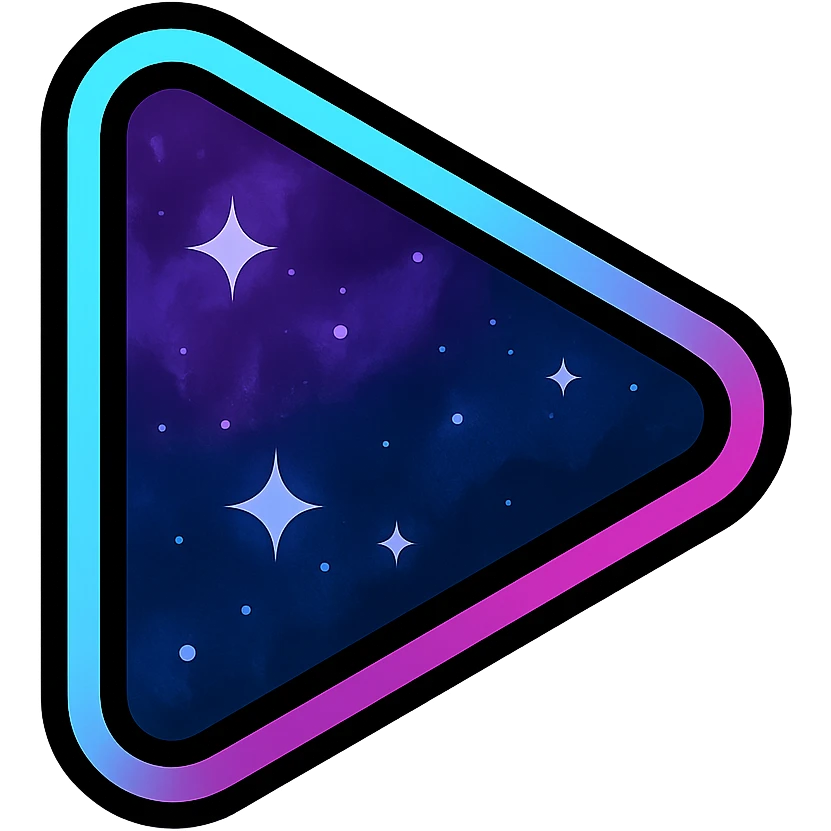 right-pointing triangle play symbol filled with purple and dark blue nebula with bright stars, cyan or pink neon glow border emoji
