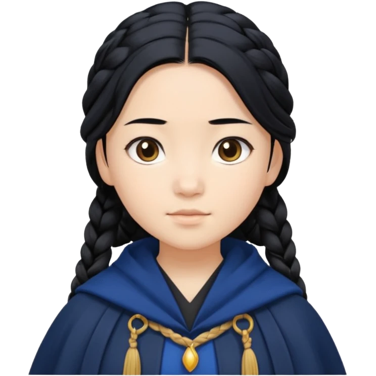 braid black hair, white asian girl, dark blue cloak emoji