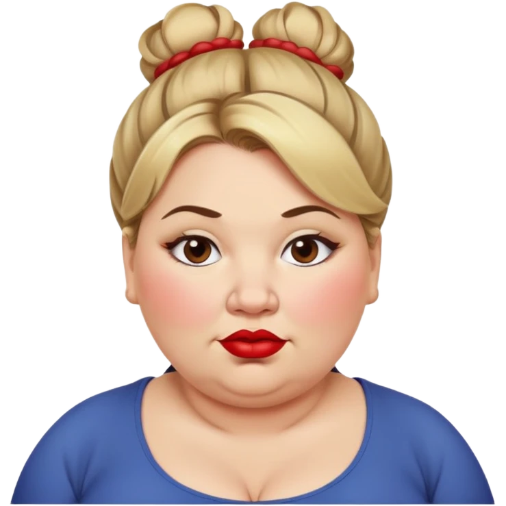 An overweight woman with a double chin dirty blonde hair in a messy bun with red lipstick emoji