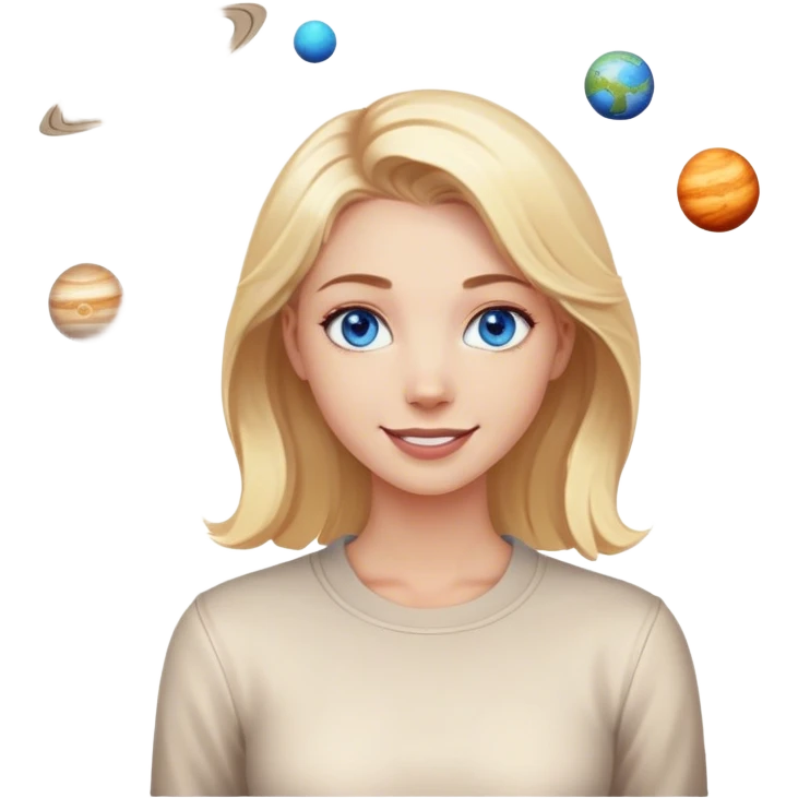 A blonde with blue eyes and a friendly smile stands while the planets spin emoji