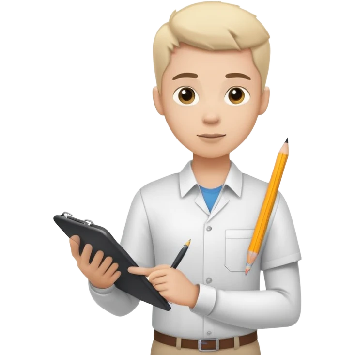 intern or volunteer holding a clipboard and pencil, ready to take notes or assist. The character wears a simple shirt and has an eager posture emoji