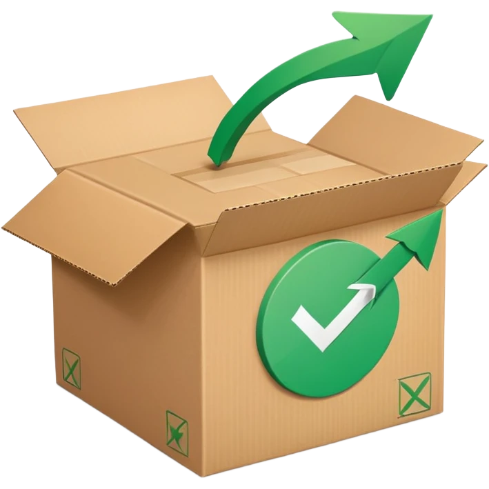 closed package box with a green checkmark and a circular arrow overlay in the upper right emoji
