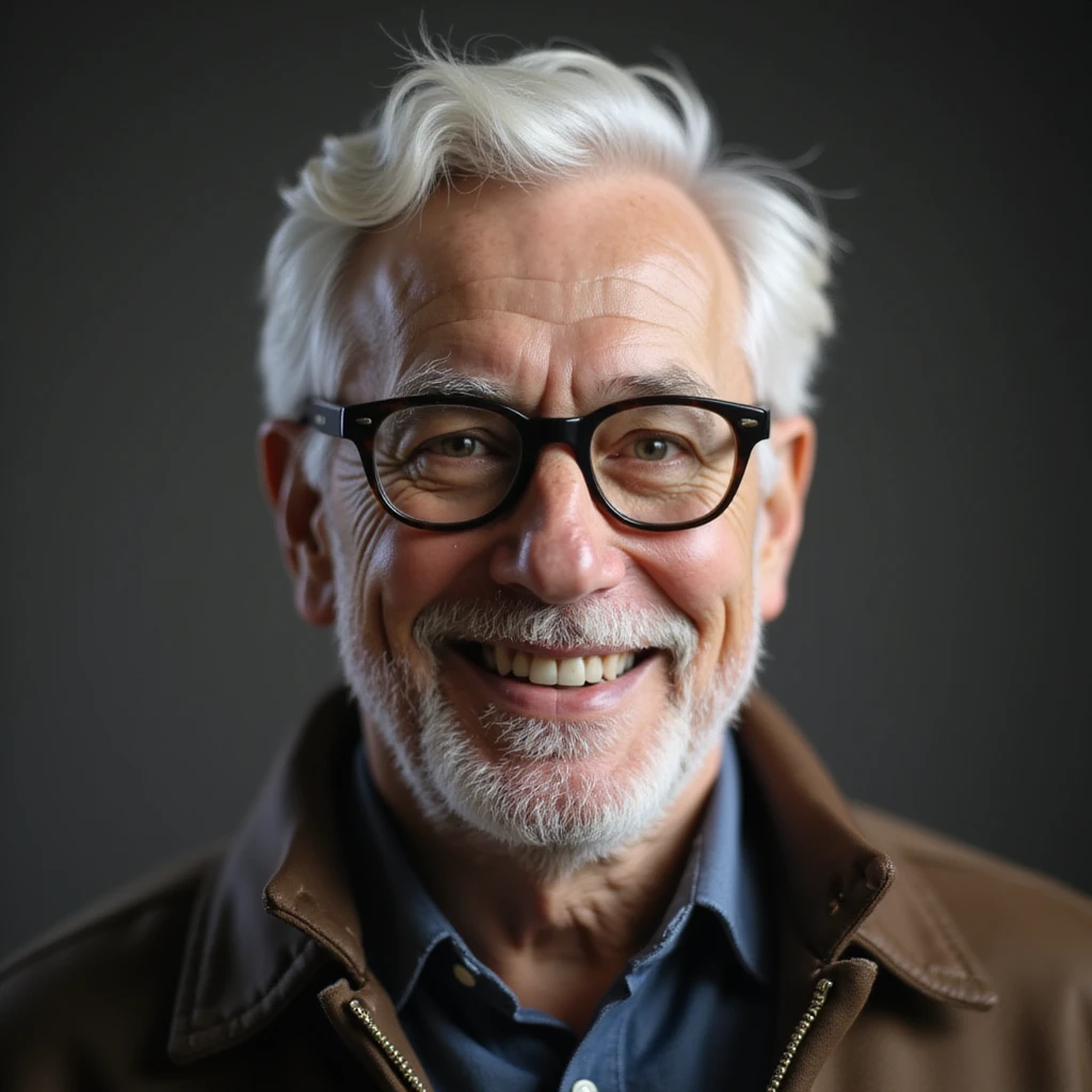 a smiling white-haired old man with black framed glasses, realistic style, soft lighting emoji