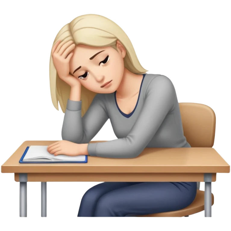 Tired woman leaning head on one hand, elbow on desk emoji