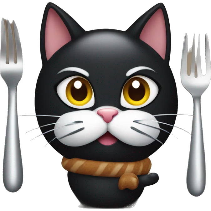 black cat with a fork and knife eating turkey emoji