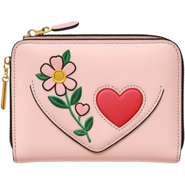 Pale Pink cute Wallet with heart charm, credit cards inside and flowers growing embroidered on it, clean aesthetic, letter R charm on it emoji