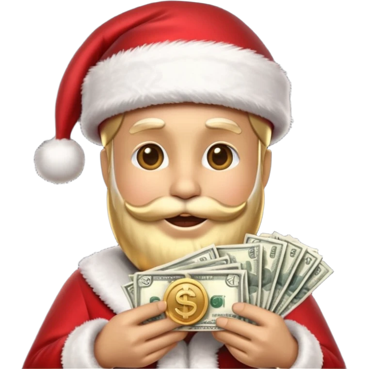 A confident rich emoji face wearing a Santa hat, money stacks, casino vibe, New Year theme, premium 3D emoji style, sharp details, no text, isolated on transparent background emoji