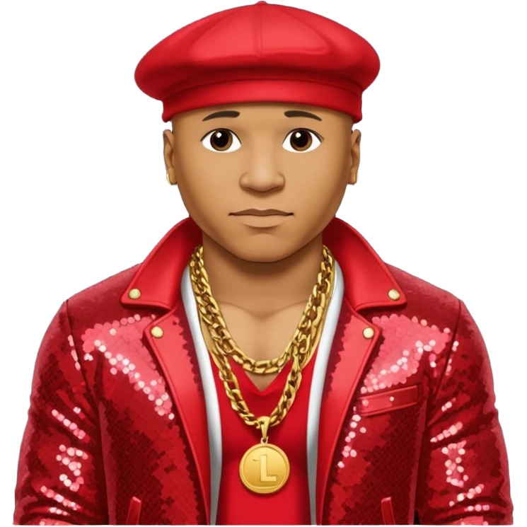 LL Cool J with red sequin jacket, shirtless with necklace emoji
