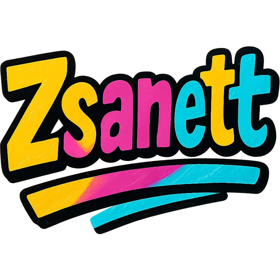 Zsanett name in modern colorful gradient font with dark outline, dynamic slanted or partial underline, in the style of reference patterns, transparent background emoji