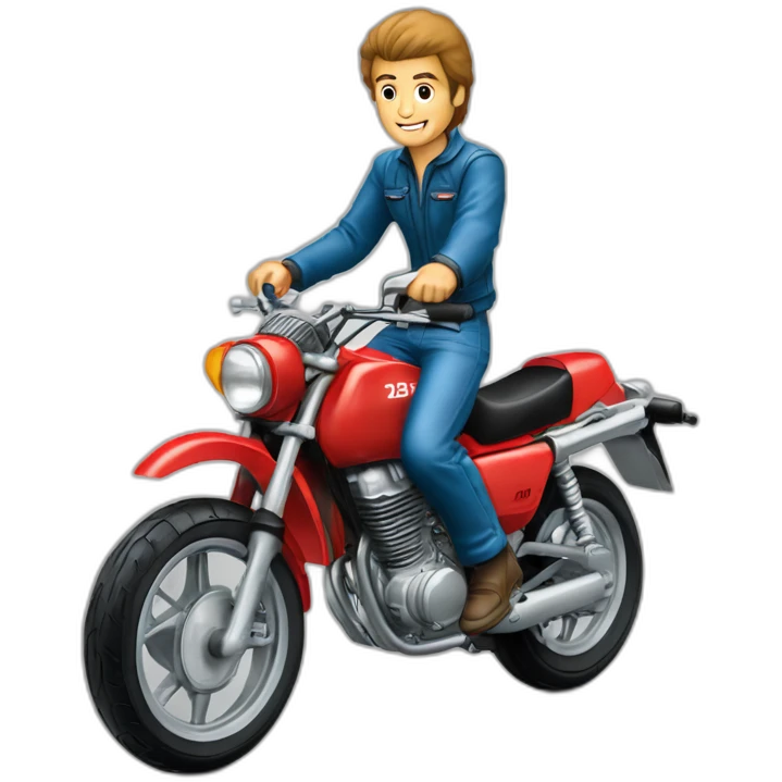 A middle age man “wheelie” the motorcycle honda Red 250 cc 1985 emoji