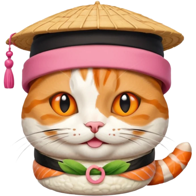 happy cat wearing a hat made out of sushi emoji