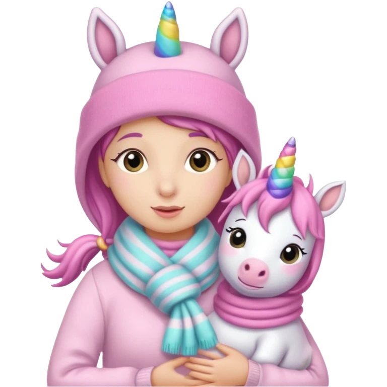 Una cebra bebé con una mamá unicornio abrigados, bufanda y gorro, estilo infantil muchos colores tonos pastel emoji