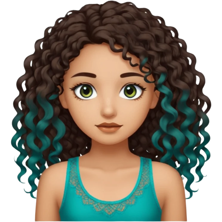 Girl with olive skin, teal eyes, dark brown  loose curly long hair, lacey tank top emoji