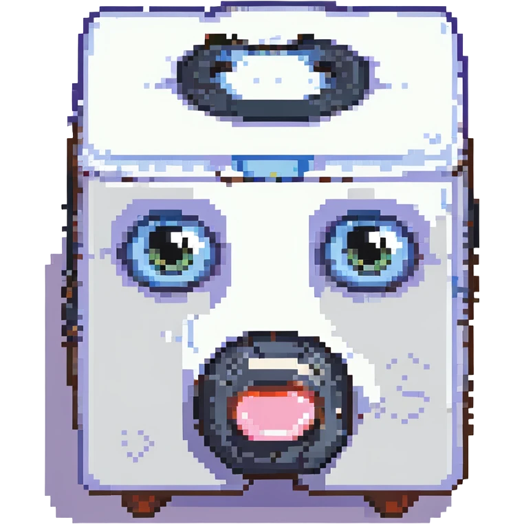 cube with expressive eyes and mouth, reminiscent of retro video games, bold outlines emoji