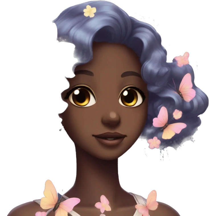 Gorgeous Shiny Pastel Anime-Style dark skin Lady Butterflies flower petals kawaii aesthetic trending style emoji