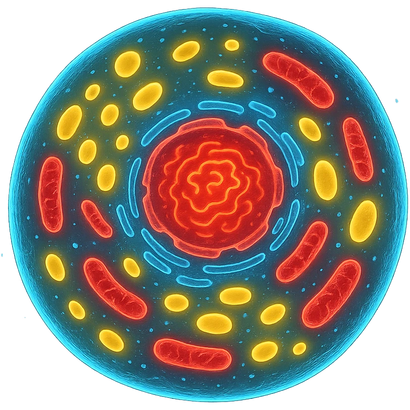 Zelle, deren Inhalt leuchtet in verschiedenen Farben (z. B. blau für Wasser, rot für Proteine, gelb für Lipide emoji