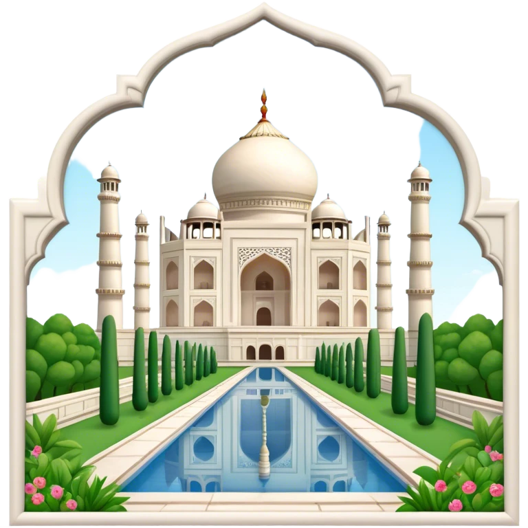 Cinematic Realistic Taj Mahal Landmark Emoji, depicted as the iconic marble mausoleum set amidst lush gardens rendered with intricate detail and ethereal, soft lighting. emoji