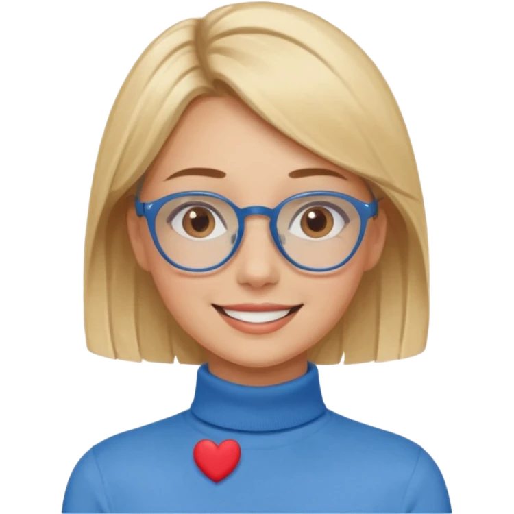 Asthectic pretty Blonde women brown eyes, blue glasses, wearing a brown polo neck shirt and smiling with little hearts around her. emoji