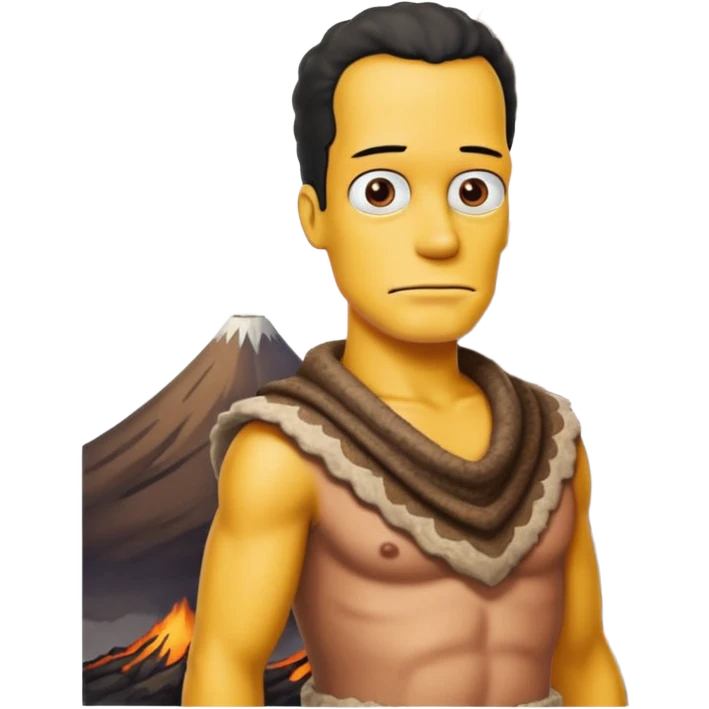 a simpson guy wearing ancient animal skin cloth with volcano behind, half body, icon emoji