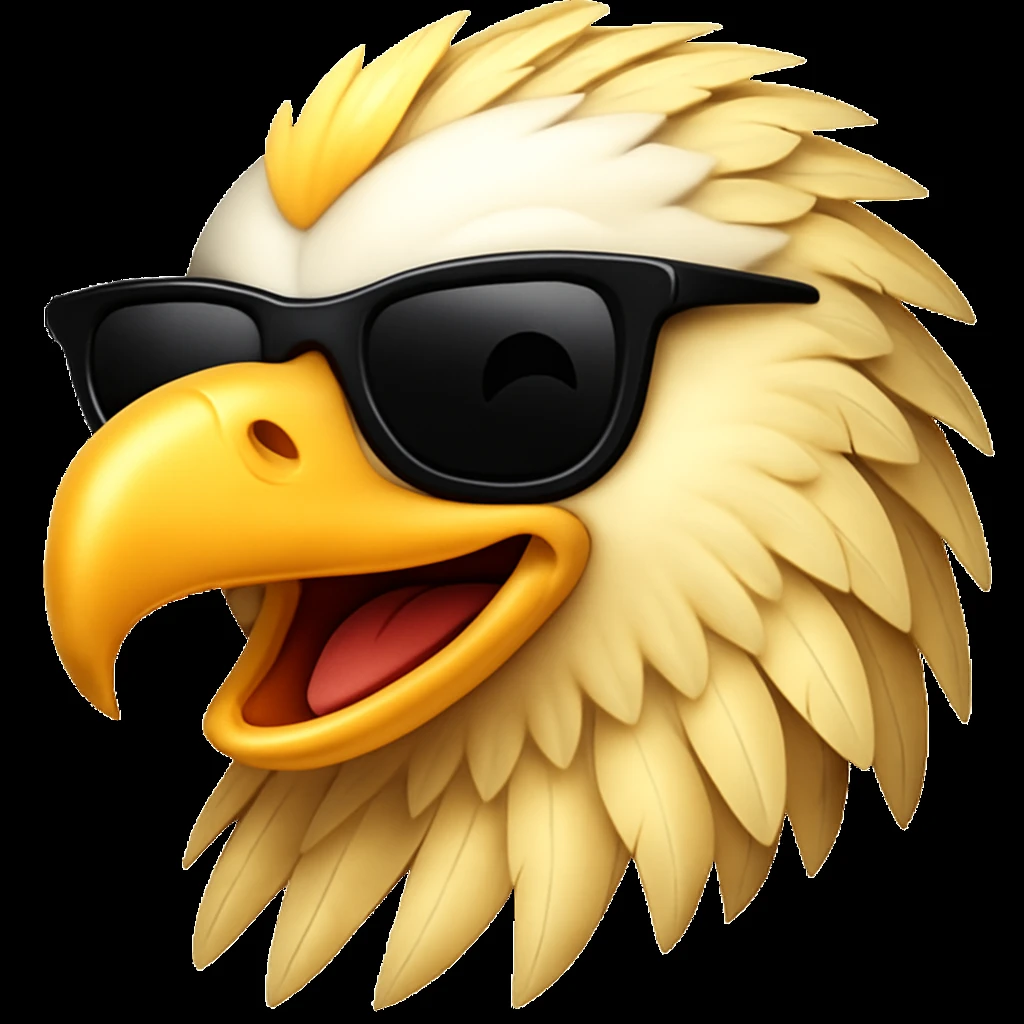 Add cool black sunglasses to the yellow eagle with a big smile winking in the style of emoji (apple style emojis). Keep the emoji look and feel. emoji