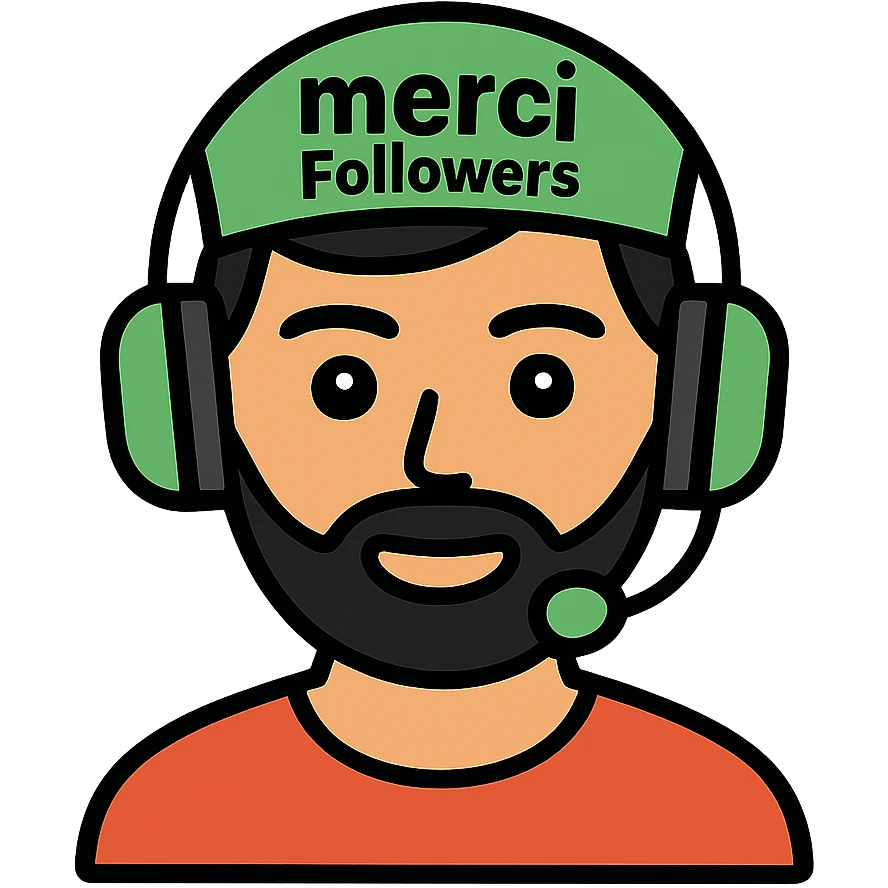 A person with black hair, brown eyes, black beard wearing a gaming headset "merci Followers" emoji