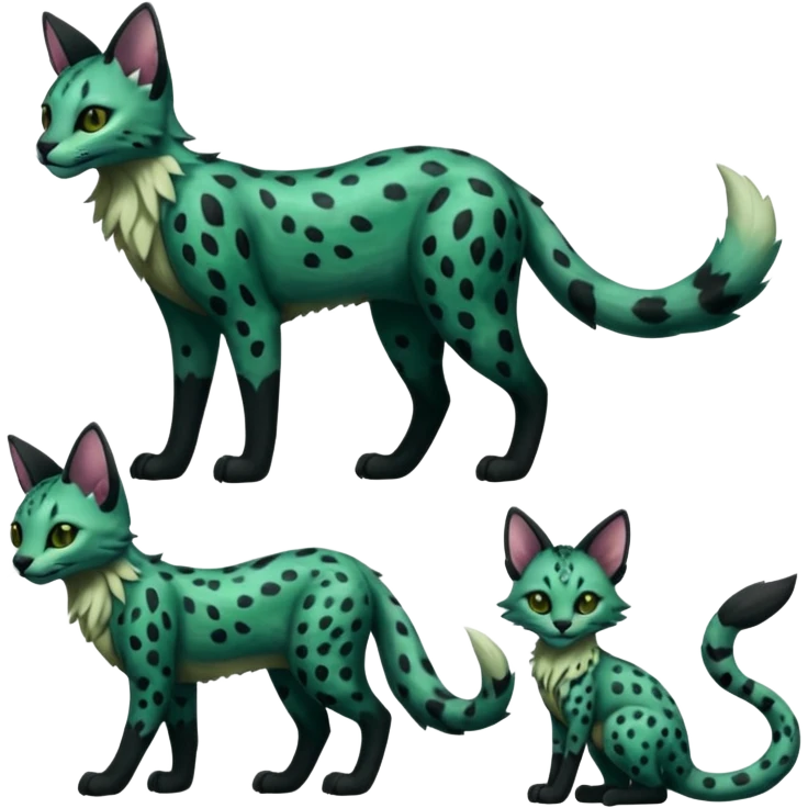 Epic complex detailed dark dusky gloomy deep gothic dark-deep-green, black, realistic Fakémon-Sprigatito-Floragato-Meowscarada-Trico-Sergal-Serval-Vernid-creature (full body) emoji