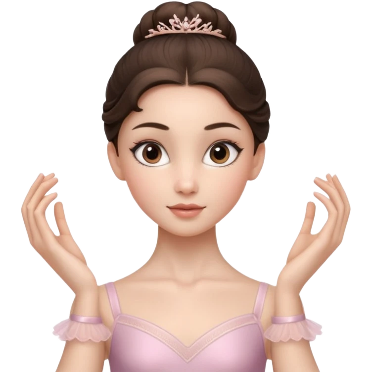 Cinematic Realistic ballerina Portrait, depicted with lifelike skin texture, subtle rosy undertones, and soft natural lighting that enhances the gentle contours of her face. Her intricately detailed sweet brunette hair is elegantly styled, emoji