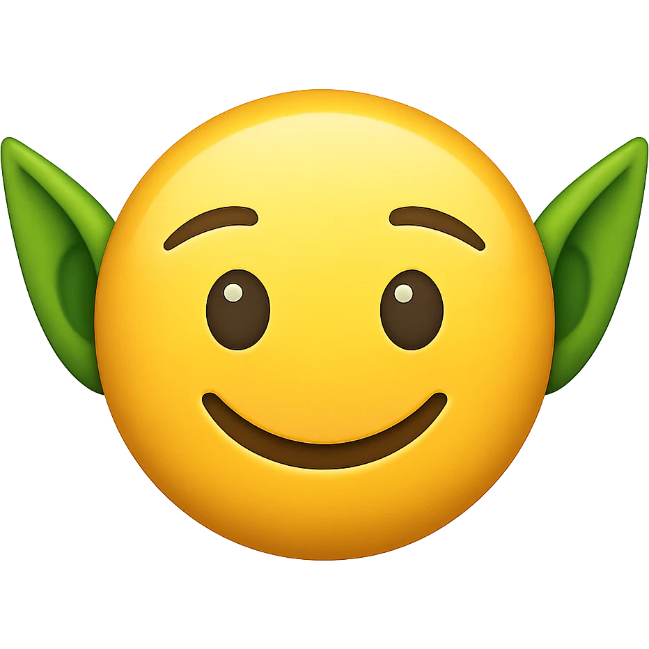 yellow face with green goblin ears, digital illustration, emoji style emoji