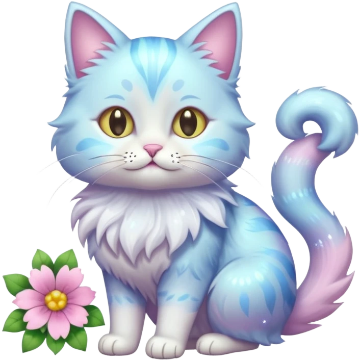 Pastel colorful shiny ethereal elegant pretty beautiful realistic furry fluffy cute glossy glittery cat with flowers and pastel colors aesthetic (full body) emoji