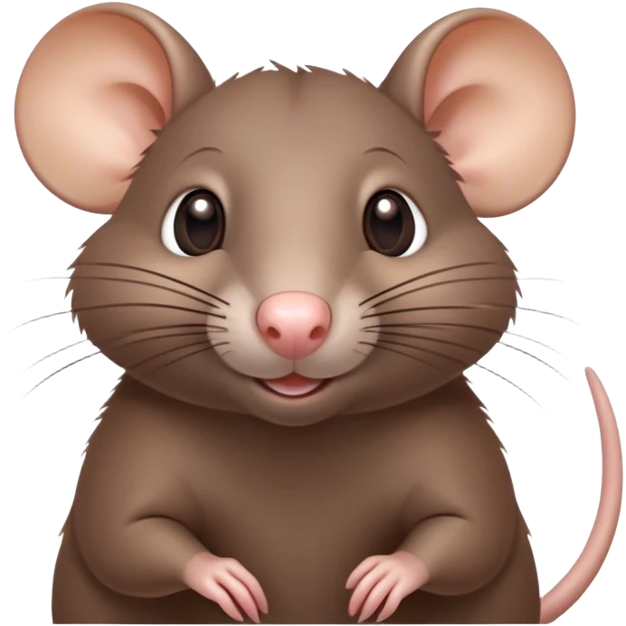 Cinematic Cute Brown Rat Portrait Emoji, Head tilted playfully and inquisitively, with a compact, nimble build and a glossy brown coat accentuated by a twitching nose and round, sparkling eyes full of curiosity, Simplified yet irresistibly adorable features, highly detailed, glowing with a warm, friendly glow, high shine, affectionate and clever, stylized with a touch of urban whimsy, soft glowing outline, capturing the essence of a mischievous yet loving rat that feels like it could dart out of the screen into your arms! emoji