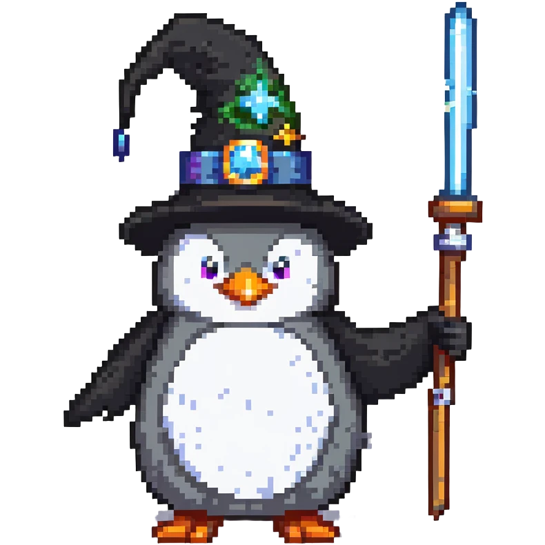 Penguin dressed as a wizard with a magical wand and pointy wizard hat emoji