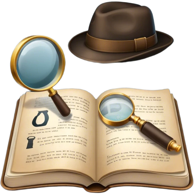 Icon for Detective Reading: an open book with text and one magnifying glass, a detective’s hat and a notebook with clues, surrounded by dark shadows and mysterious elements like footprints. Transparent background. emoji