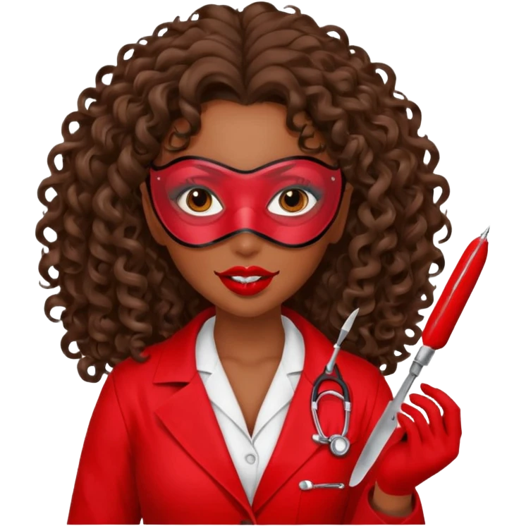 Lilith symbol seductress evil woman. She had brown long curly hair.  evil surgeon kills with scalpel wears red sexy doctor coat with red mouth mask  emoji