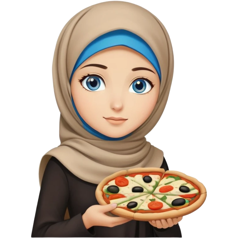 Turkish beautiful finish Konya girl blue eyes with beige and black hijab islamic dress and had on her hand a slice of pizza vegetable pizza  emoji