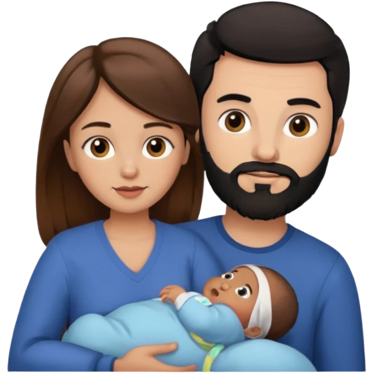 Una mujer con pelo castaño y ojos marrones  con un bebé y un hombre con pelo negro y barba sin bebe emoji
