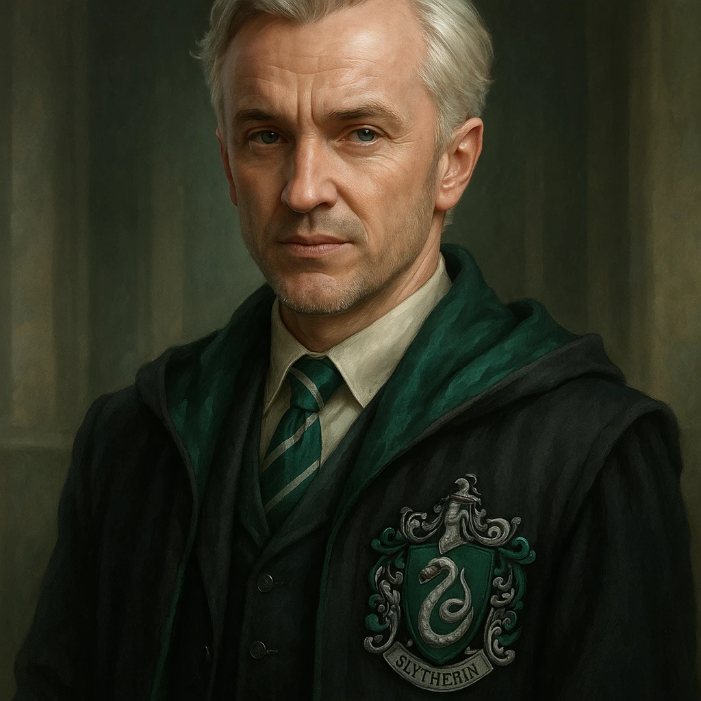 37-year-old Draco Malfoy, confident expression, silver hair, Slytherin colors, fantasy character emoji