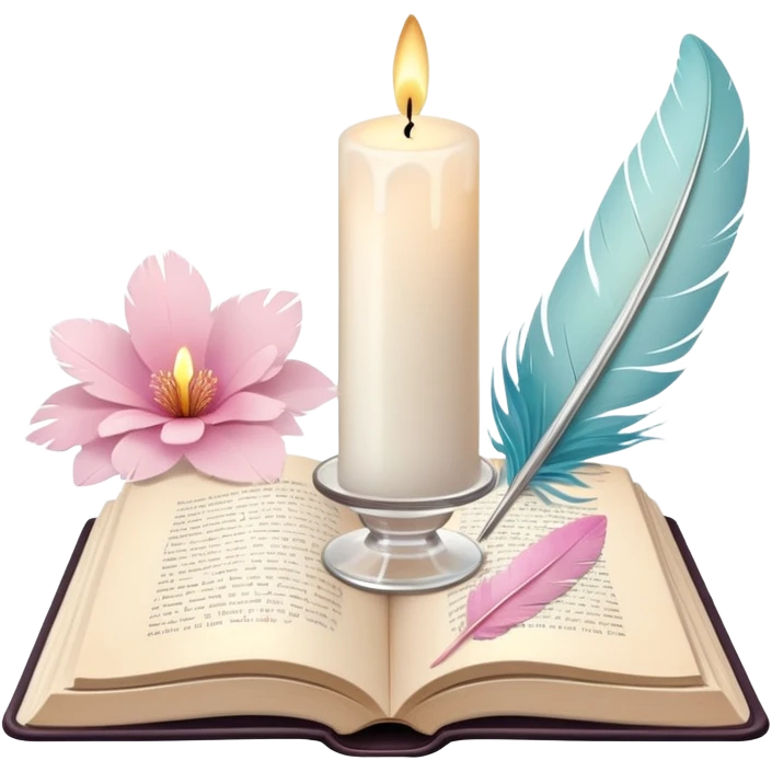 Aesthetic candle, feather quill in ink glass, open book, flower petals emoji