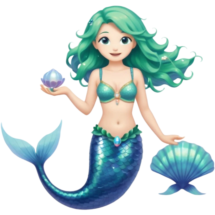 Full body of a mermaid with long flowing sea-green hair, shimmering blue-scaled tail, shell bra, holding a pearl in one hand, smiling softly, front-facing, surrounded by glowing sea particles, fantasy style emoji