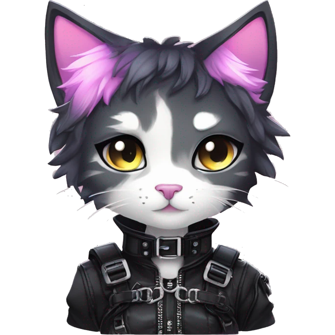 Gorgeous edgy cute shiny epic punk magical gradient gothic dark techwear anime style anthro cat with blushing face aesthetic and pretty edgy black with collar and harness trending style emoji