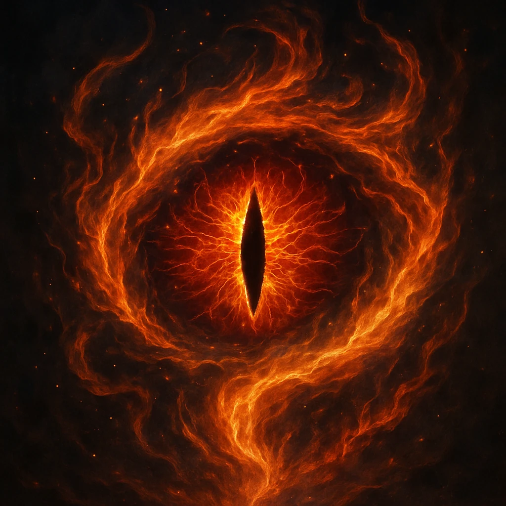 the Eye of Sauron, in a mystical, magical aura, surrounded by swirling flames emoji