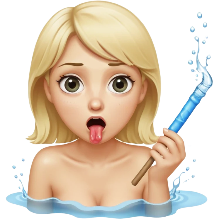 blond woman sitting on her knees with wide eyes, holding a wide skin-colored stick with a D-shaped knob, the stick and the nob have skin texture, water squirting from the knob into her mouth, shocked face emoji