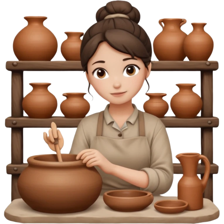 Brunette girl with a bun, behind the potter's wheel, wearing neutral clothing emoji