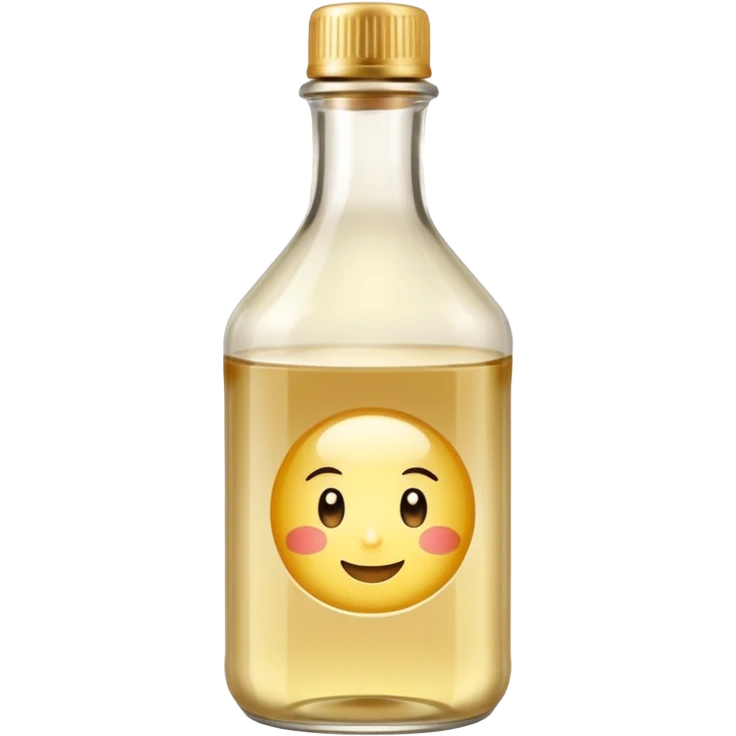 small upright bottle of rice vinegar with translucent pale golden liquid inside, clear slightly rounded bottle, short neck, light-colored cap, no label or branding, soft lighting, subtle shadows, emoji scale emoji