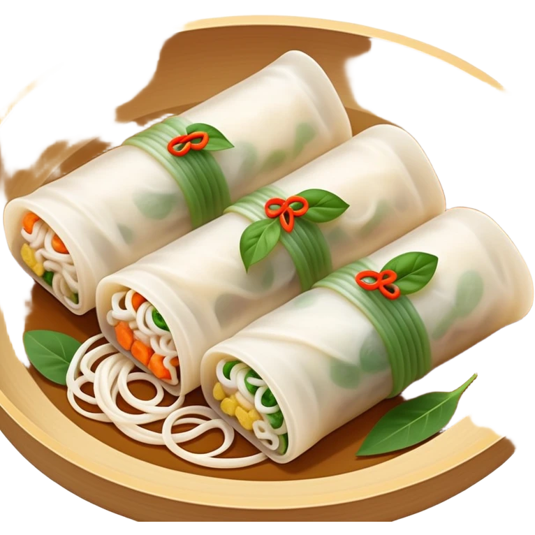 Hangzhou Pian Er Chuan thin rice noodle rolls with fillings, simplified emoji style with bold outlines and bright colors, cartoon style Zhejiang specialty resembling Cheung Fun emoji