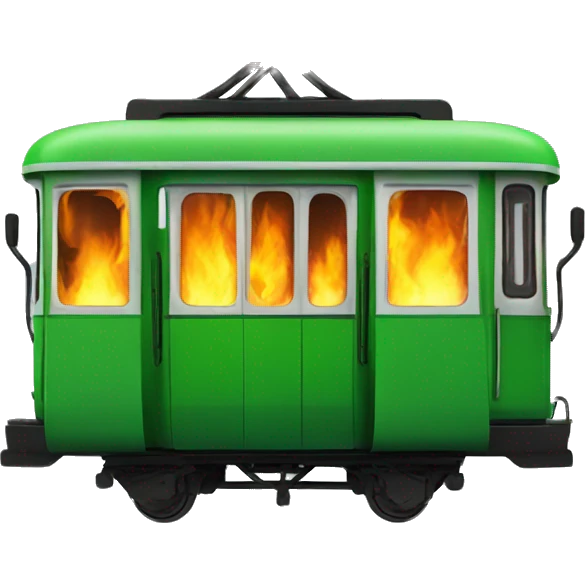 green tram with fire all around emoji