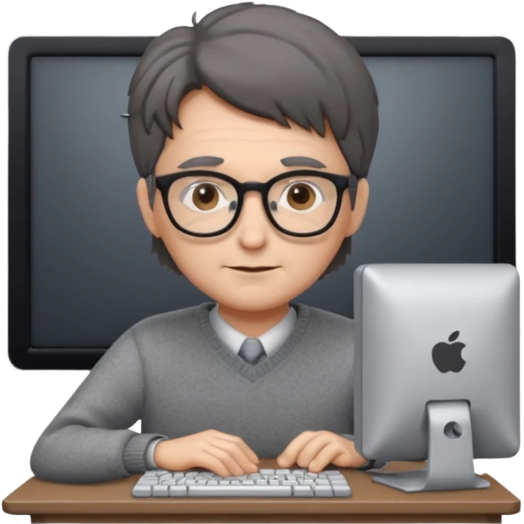 Profesor de pelo gris marrón oscuro con gafas un  jersey gris y un ordenador los óleos son marrones con poca cantidad de pelo emoji