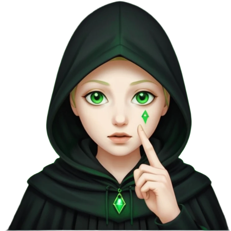 hooded figure with glowing eyes, holding a finger to lips, secrecy and Illuminati vibes emoji